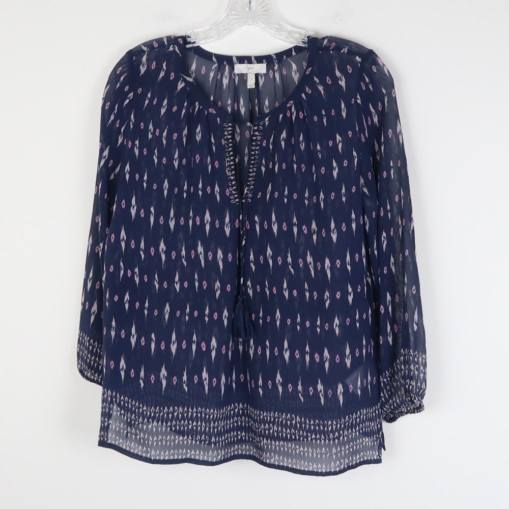 Joie Silk Tribal Print Tie Sheer Top Blouse S